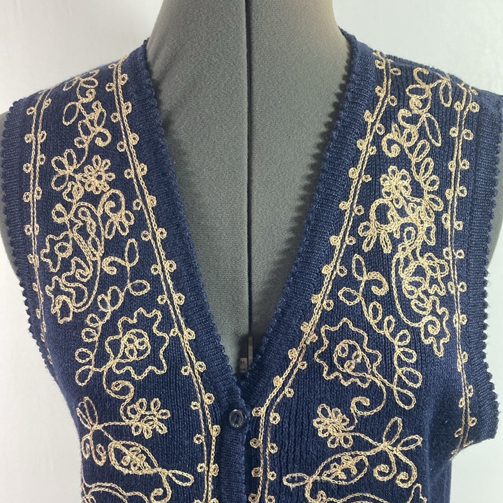 I.V.Y. Collection Vest Women Size M Navy & Tan Button Front - Picture 2 of 9